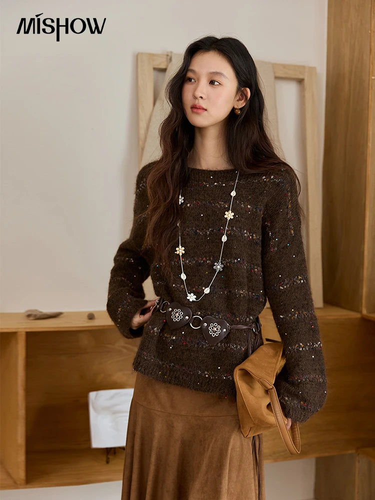 Mishow Brown Chrysanthemum Yarn Round Neck Sweater MXE47Z2574
