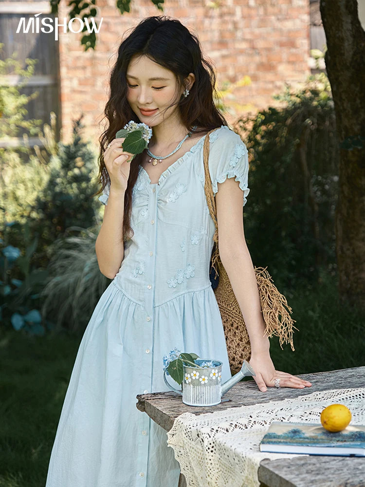 Mishow V-Neck Mushroom Edge Embroidery Button Dress MXE39L2407