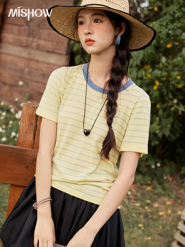 Mishow Striped Contrast Round Neck Tee MXE35Z1270