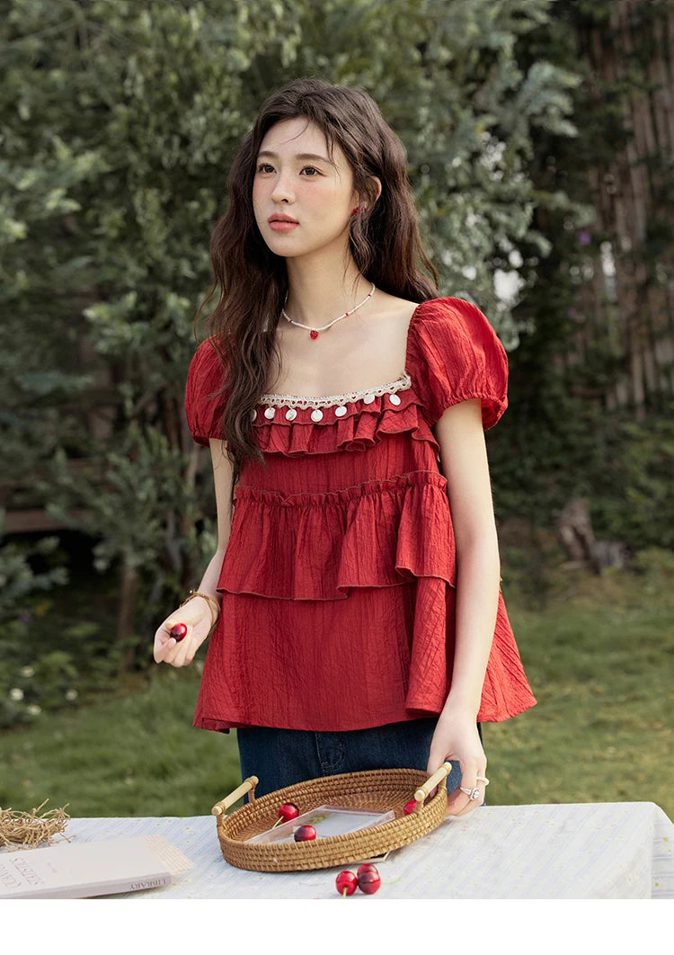 MISHOW Square Collar Puff Sleeve Tiered Blouse MXE33X1763