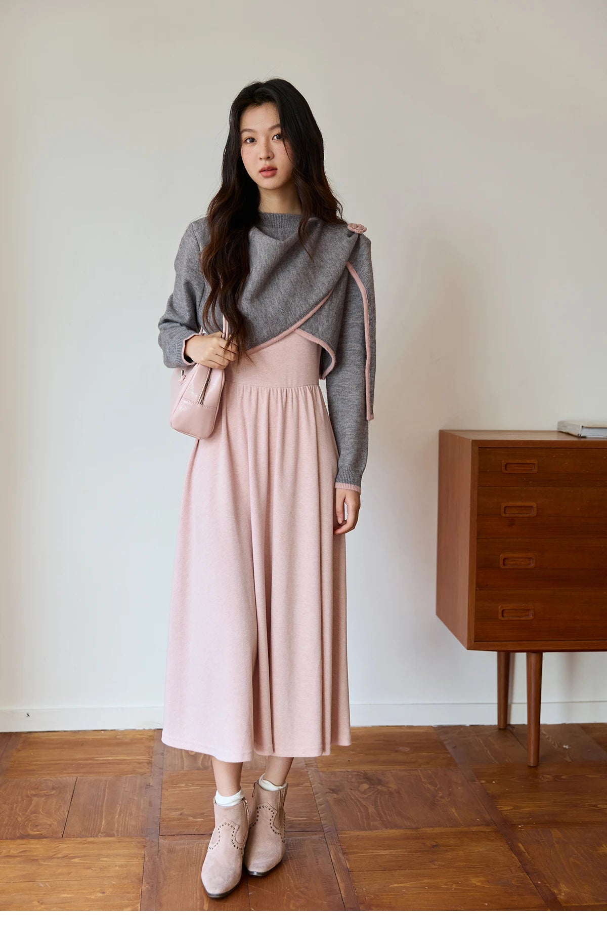 Mishow Pink Irregular Round Neck Top & Suspender Dress Set MXE49T1397