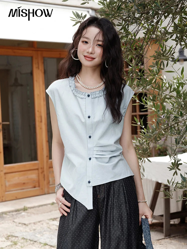 MISHOW Round Neck Sleeveless Shirt Button Front MXE38X1864