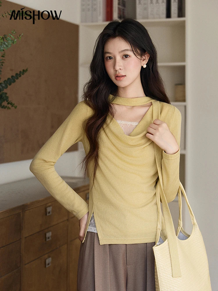 Mishow Yellow Lace Splicing Ribbon Collar Top MXF108Z1030