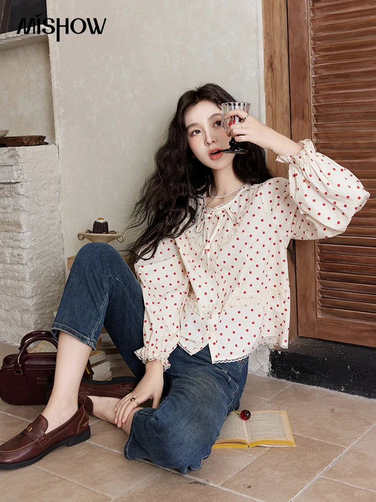 MISHOW Lace Up Polka Dot Round Neck Lace Shirt Elastic Petal Cuffs MXD44X1667