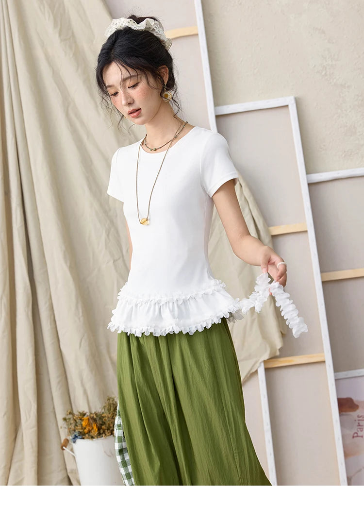 Mishow White Ruffled Tee with Red Lanyard Necklace MXE34T0557