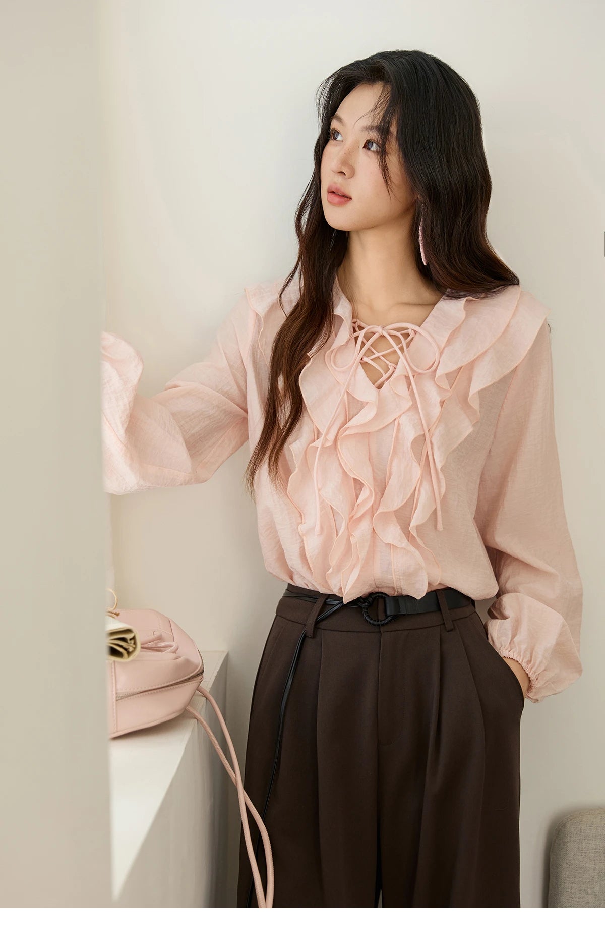 MISHOW Pink Ruffled Blouse V-Neck Lace Up Lantern Sleeve MXE49X2504