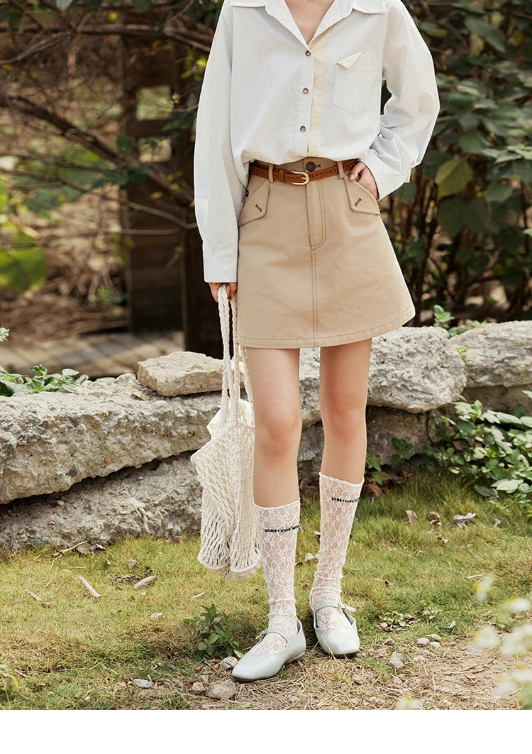 Mishow Khaki A-Line High Waist Pocket Skirt MXE15B0696