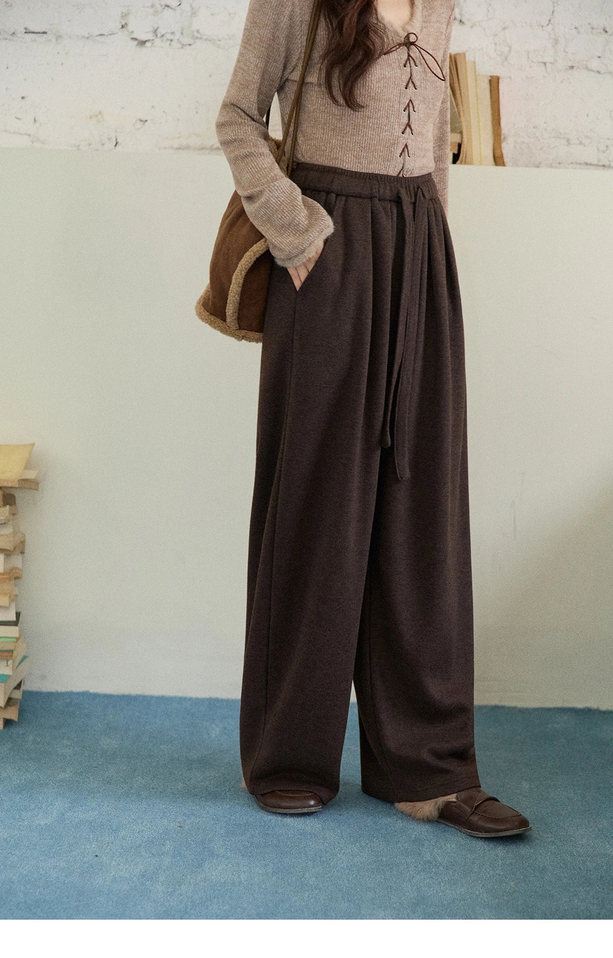 MISHOW Brown Wide-Leg Pants Thickened Drawstring Waistband MXE87K1126