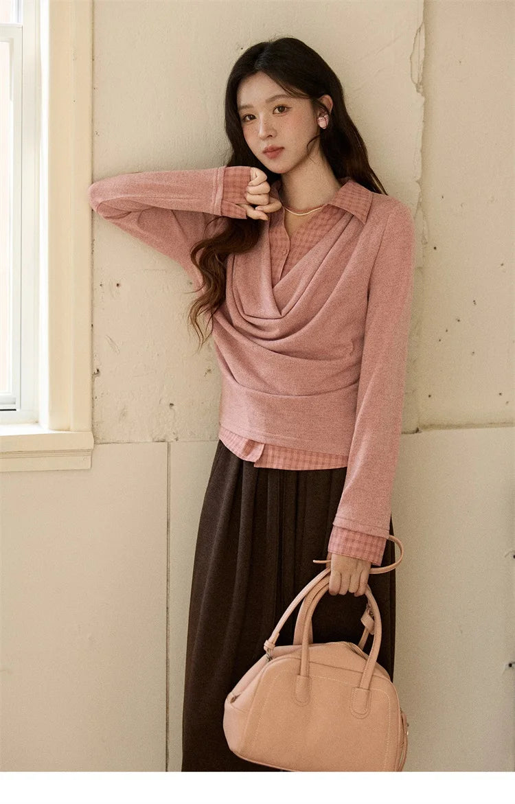 Mishow Pink Faux Two-Piece Plaid Draped Collar Pullover MXE87Z2747