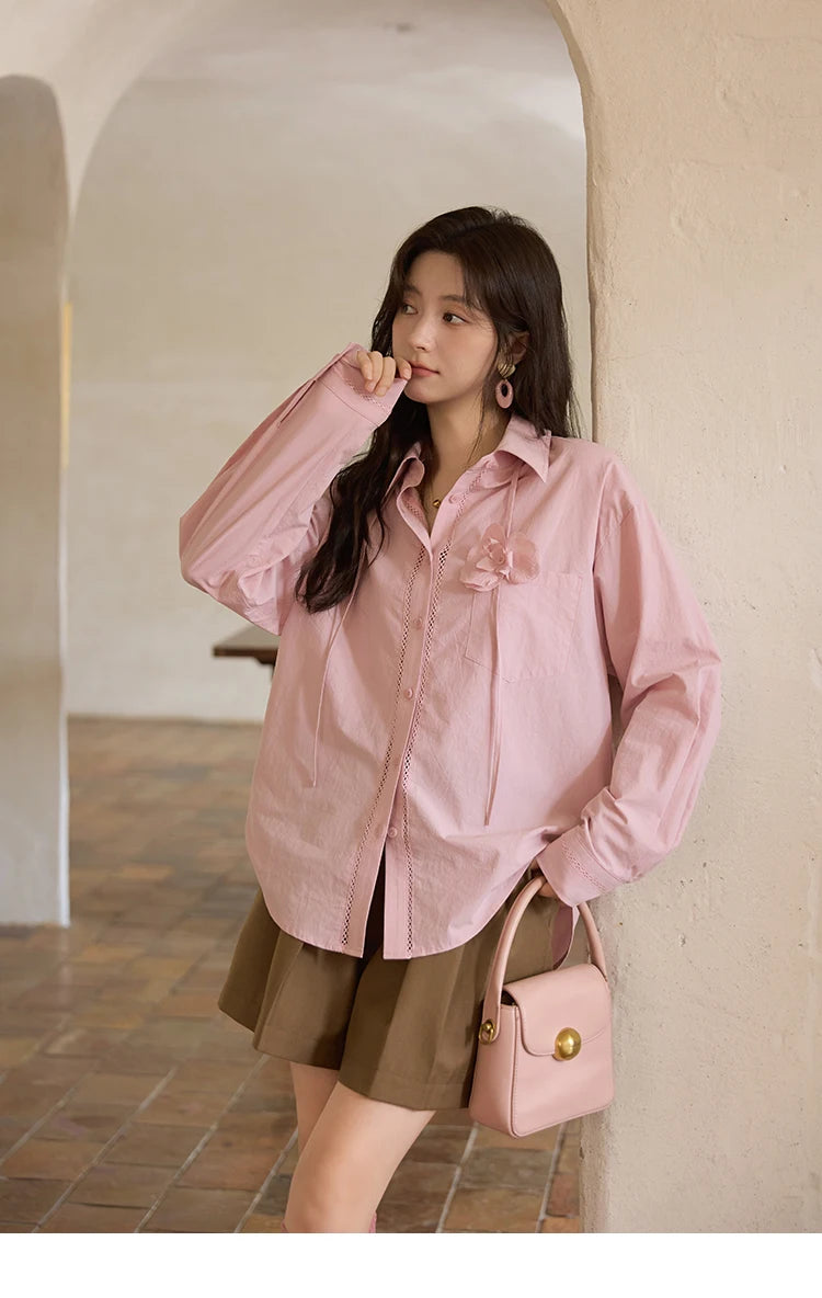 MISHOW Cotton Shirt Petal Ribbon Button Long Sleeve MXE41C2349