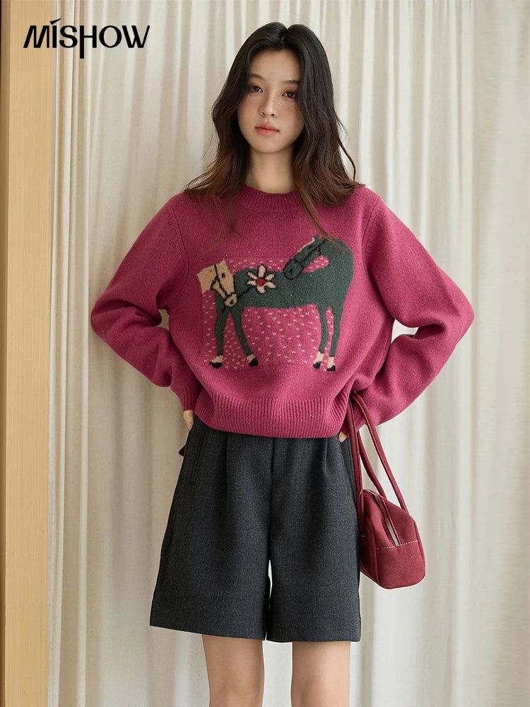 Mishow Red Pony Jacquard Round Neck Pullover MXE48Z2622