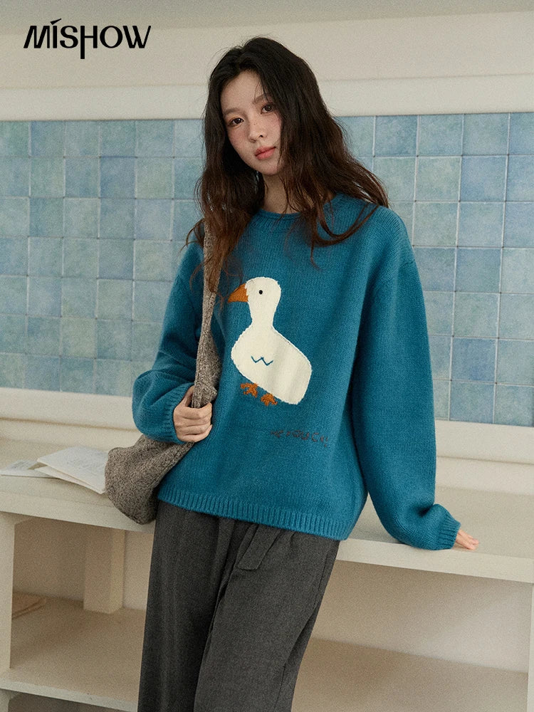 Mishow Peacock Blue Jacquard Loose Sweater MXE86Z2751