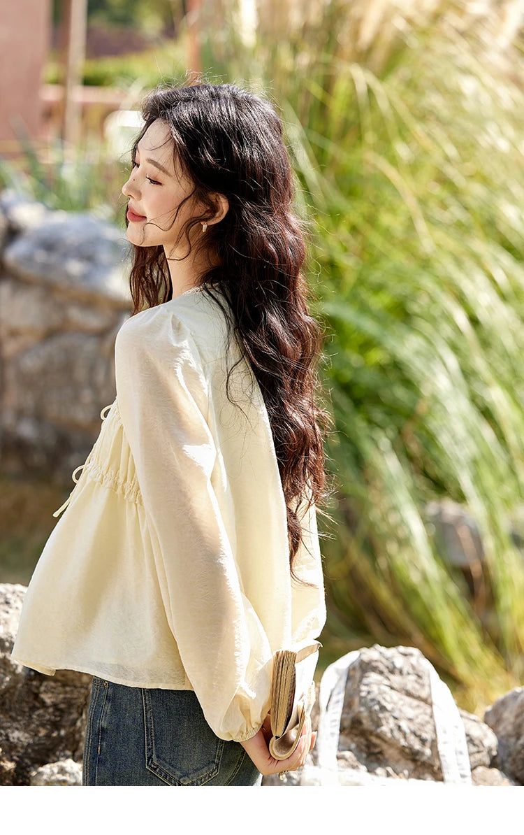 MISHOW Jacquard Lace V-Neck Blouse Ruffled Wavy Puff Sleeve MXE12C0397