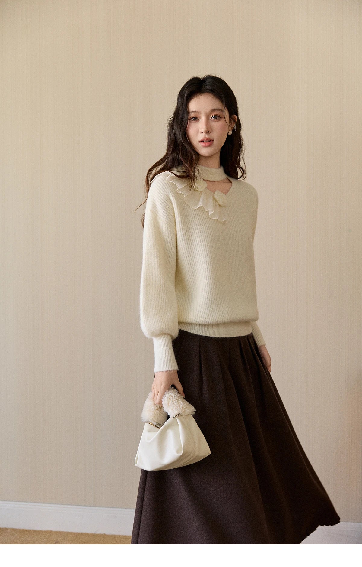 Mishow Cutout Neck Ruffle Flower Lantern Sleeve Pullover MXE94Z2982