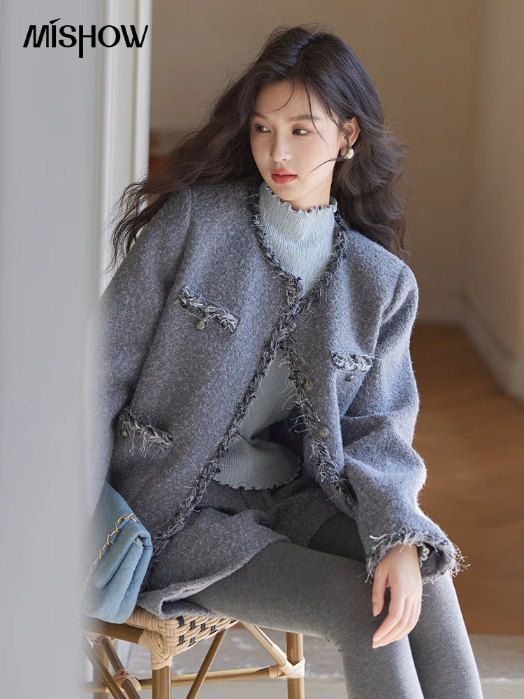 Mishow Plaid Tweed Jacket & Solid Shorts Set MXD35W0489