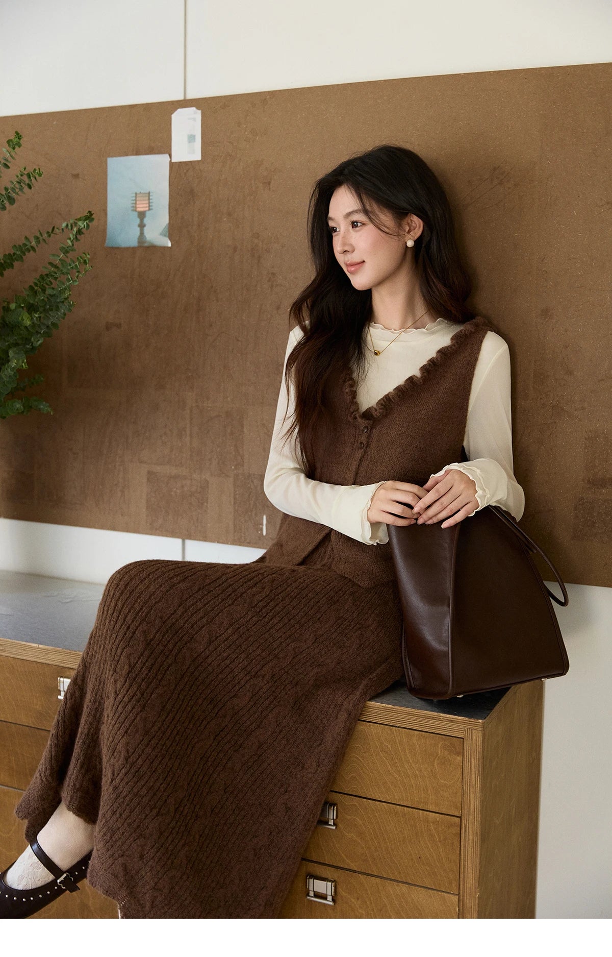 Mishow Brown Knitted Vest & Cable Knit Maxi Skirt Set MXF11T1460