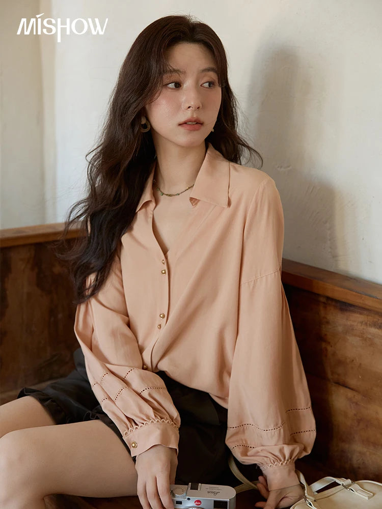MISHOW Women's Lantern Sleeve Hollow Out Shirt Lapel Solid Top MXE41C2359
