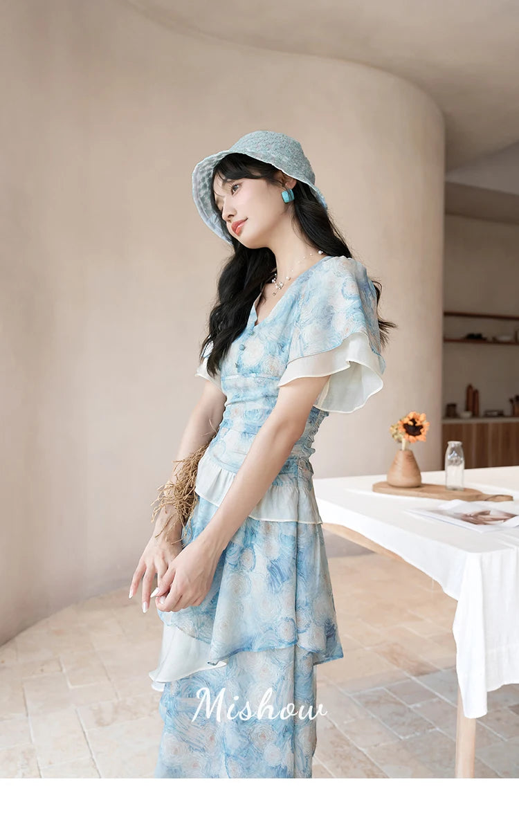 Mishow Van Gogh Double Layer Sleeve Asymmetrical Dress MXC39L1527