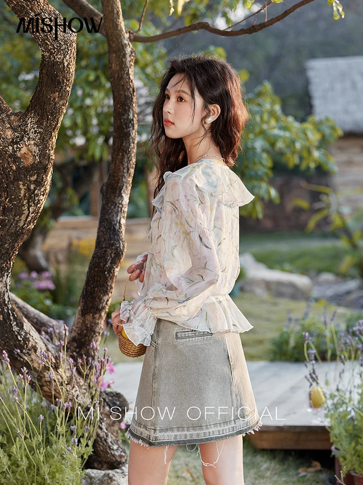 MISHOW Floral Blouse with Camisole Set V-Neck Lace Up MXE13X1718