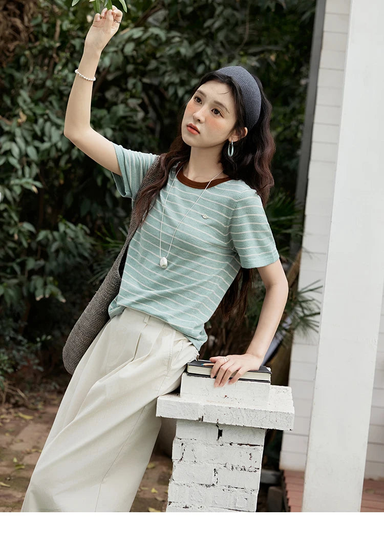 Mishow Striped Contrast Round Neck Tee MXE35Z1270