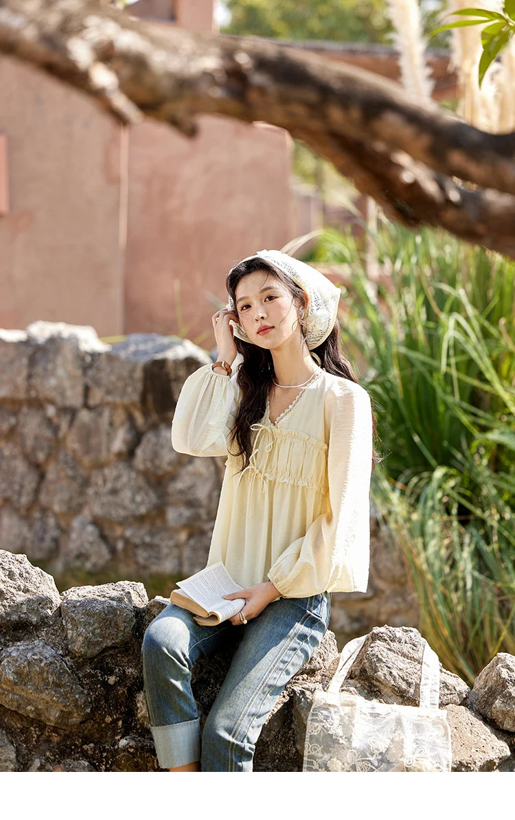MISHOW Jacquard Lace V-Neck Blouse Ruffled Wavy Puff Sleeve MXE12C0397