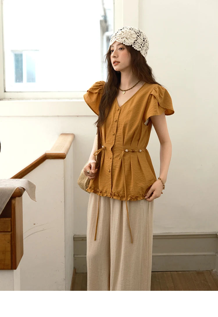 MISHOW Petal Sleeve Slim Shirt V-Neck Bead Belt MXE39X1881
