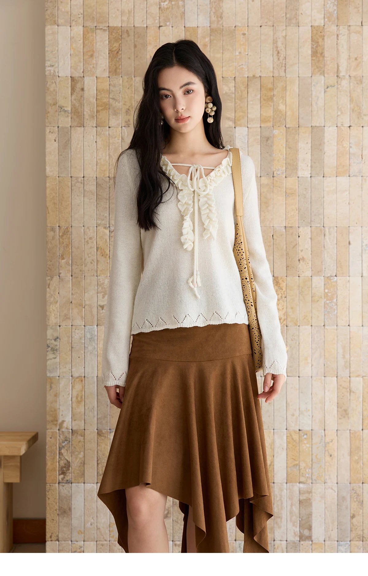 Mishow Beige V-Neck Wood Ear Hollow Sweater MXE51Z2595