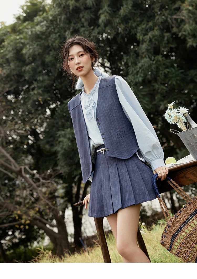 Mishow V-Neck Vest Coat & Pleated A-Line Skirt Set MXE31T0505