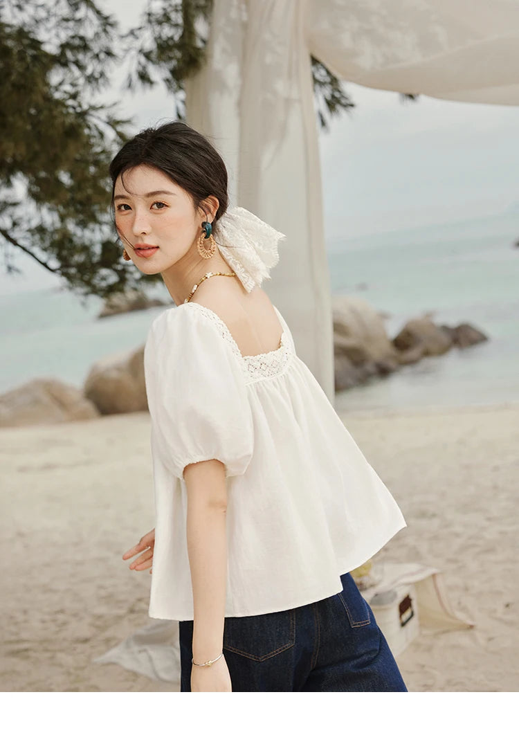 MISHOW Square Collar Puff Sleeve Blouse Lace Splicing MXE32X1780