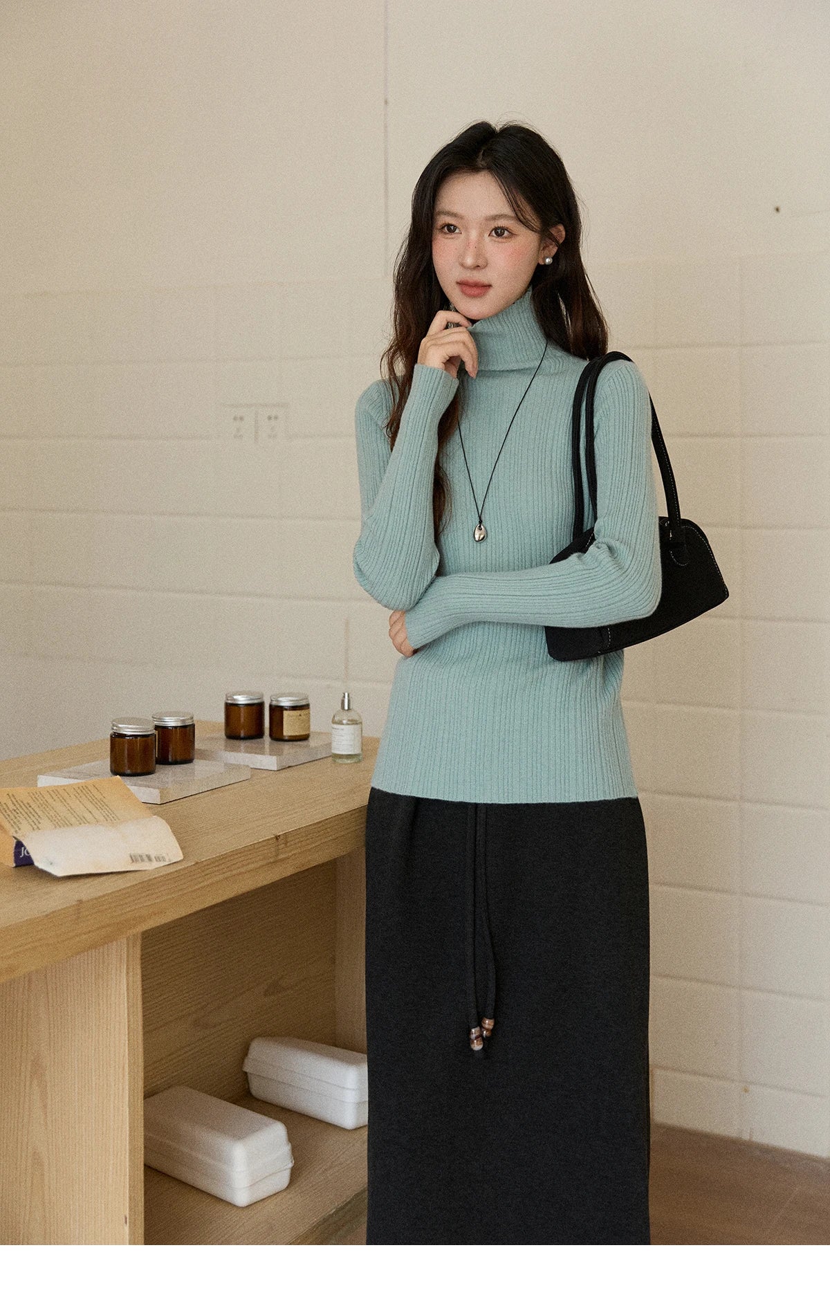Mishow Solid Turtleneck Vertical Ribbed Slim Top MXE86Z2656