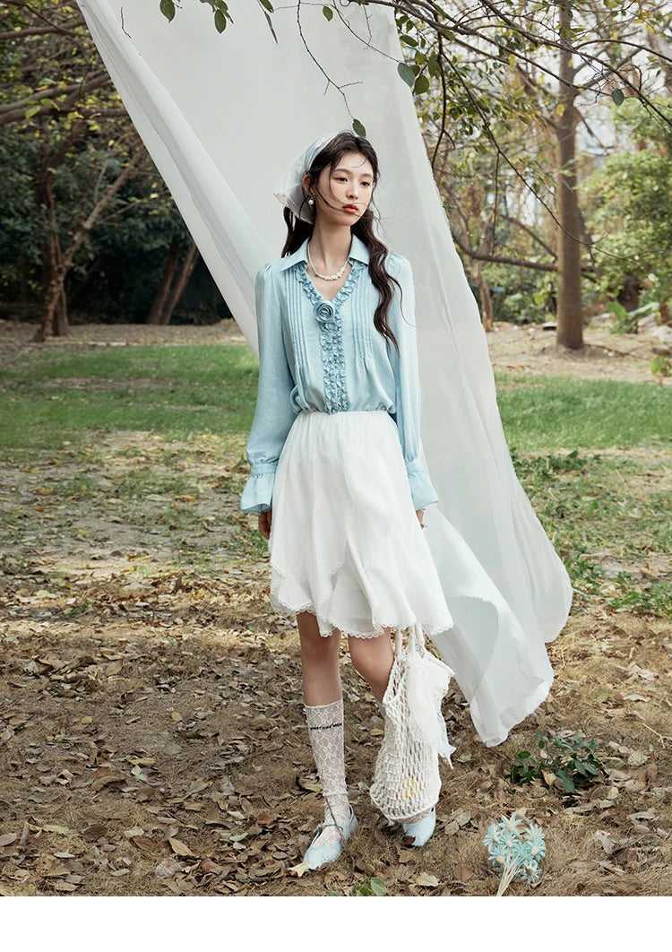 MISHOW V-Neck Long Flare Sleeve Solid Blouse MXE14X1730