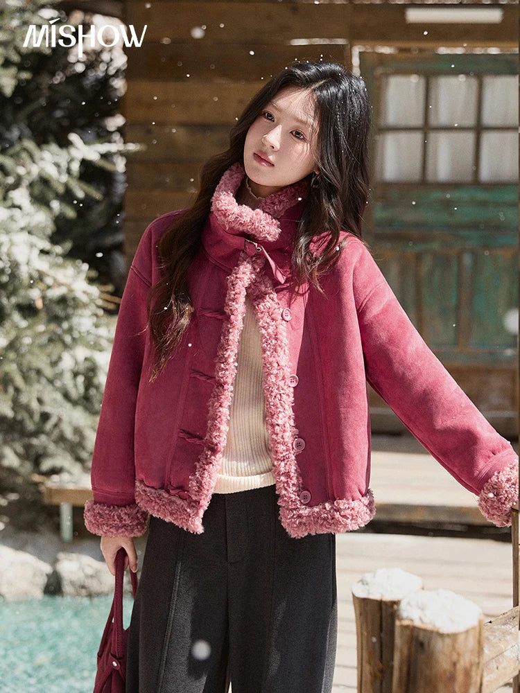 Mishow Dragon Fruit Red Suede Patchwork Coat MXE87W0942