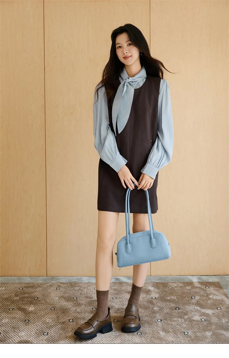 Mishow Light Blue Shirt & Brown Vest Skirt Suit MXE47T1408