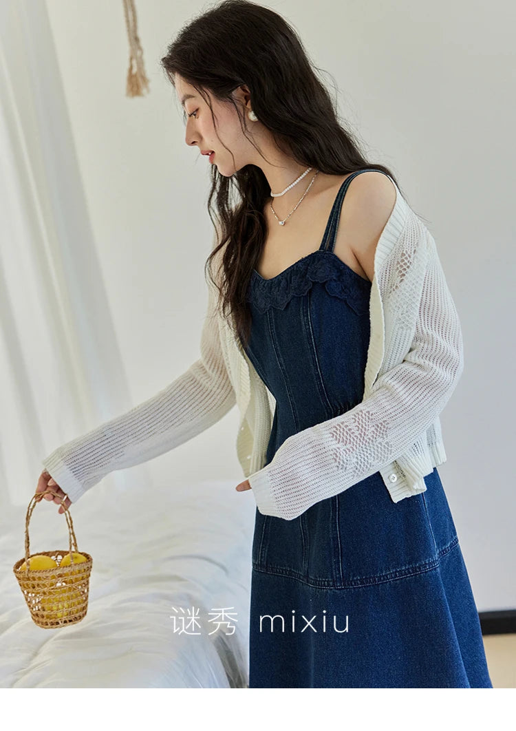 Mishow Denim Camisole Hollowed Out Lace Edge Dress MXE13L2094