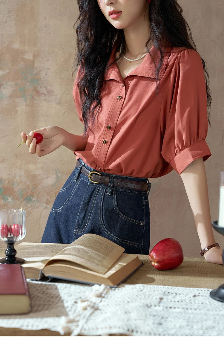 MISHOW Short Sleeve Blouse Lapel Simple Loose Fit MXD28C0247