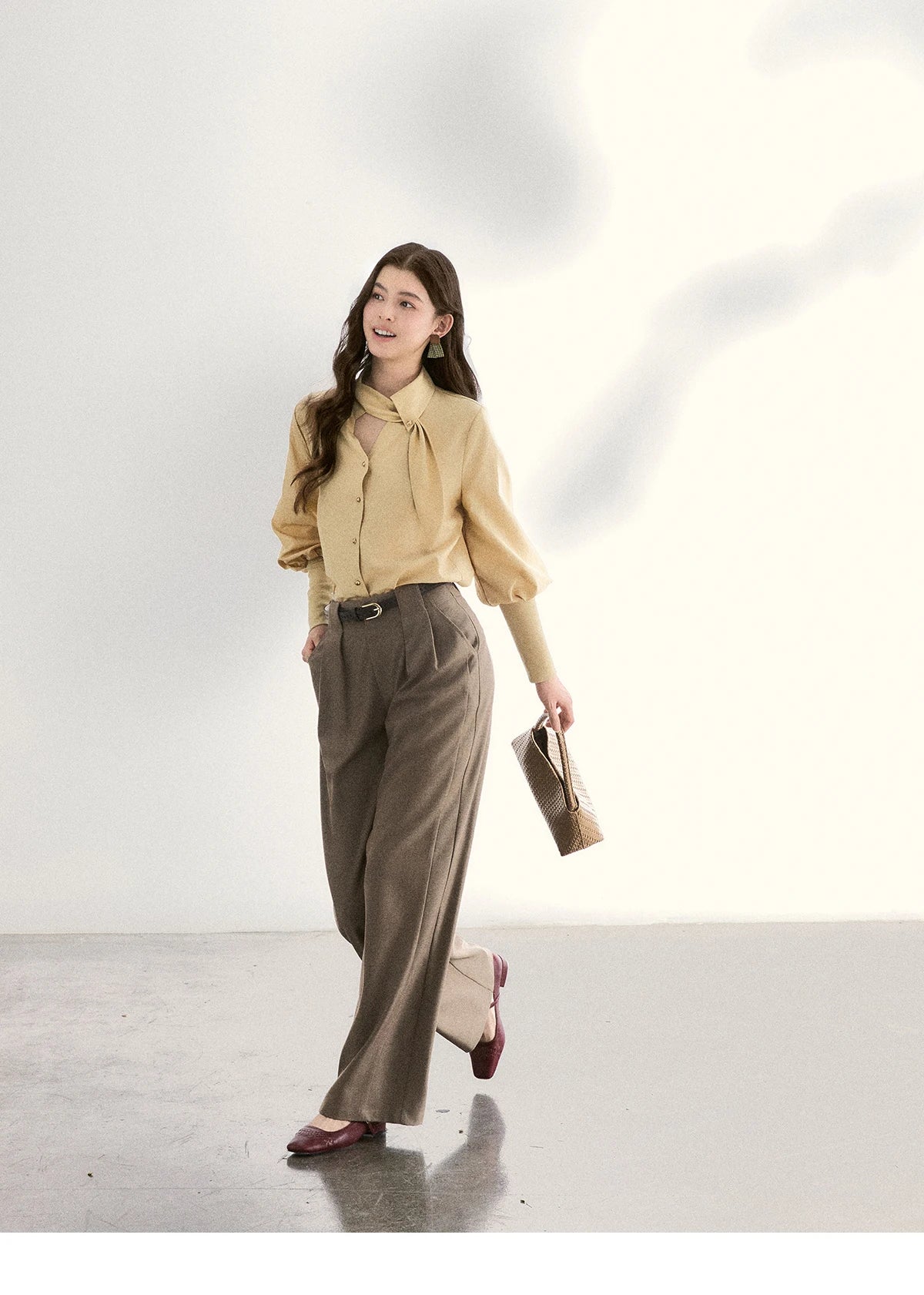 MISHOW Women's Tie Neck Shirt Hollow Out Knitted Patchwork Puff Sleeve MXF108C0812