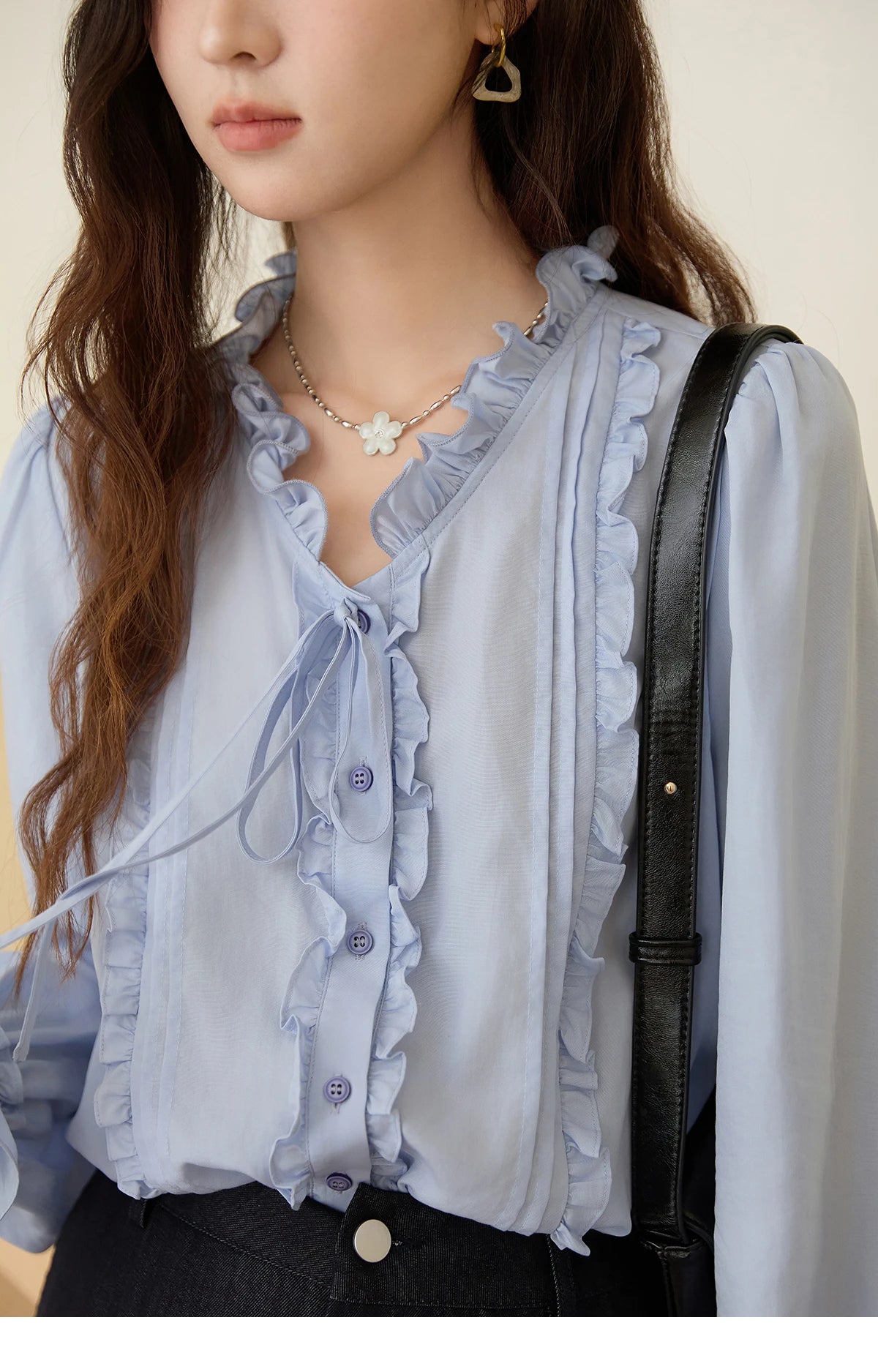 MISHOW 100% Lyocell Blue Shirt French Ruffles Ties MXE45X2484