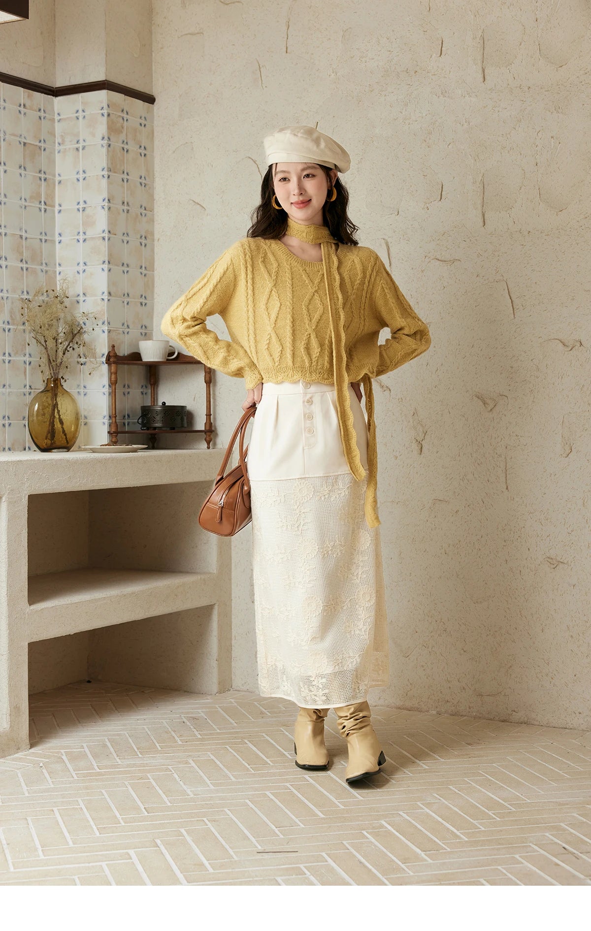 MISHOW Romantic Lace Wave Knit Sweater with Belt MPD42Z0736