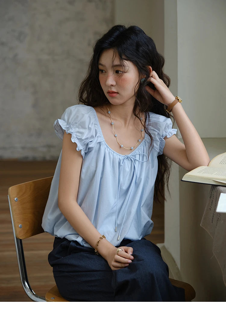 MISHOW Cotton Blouse Puff Sleeve Lace Up O-Neck MXE37X1893