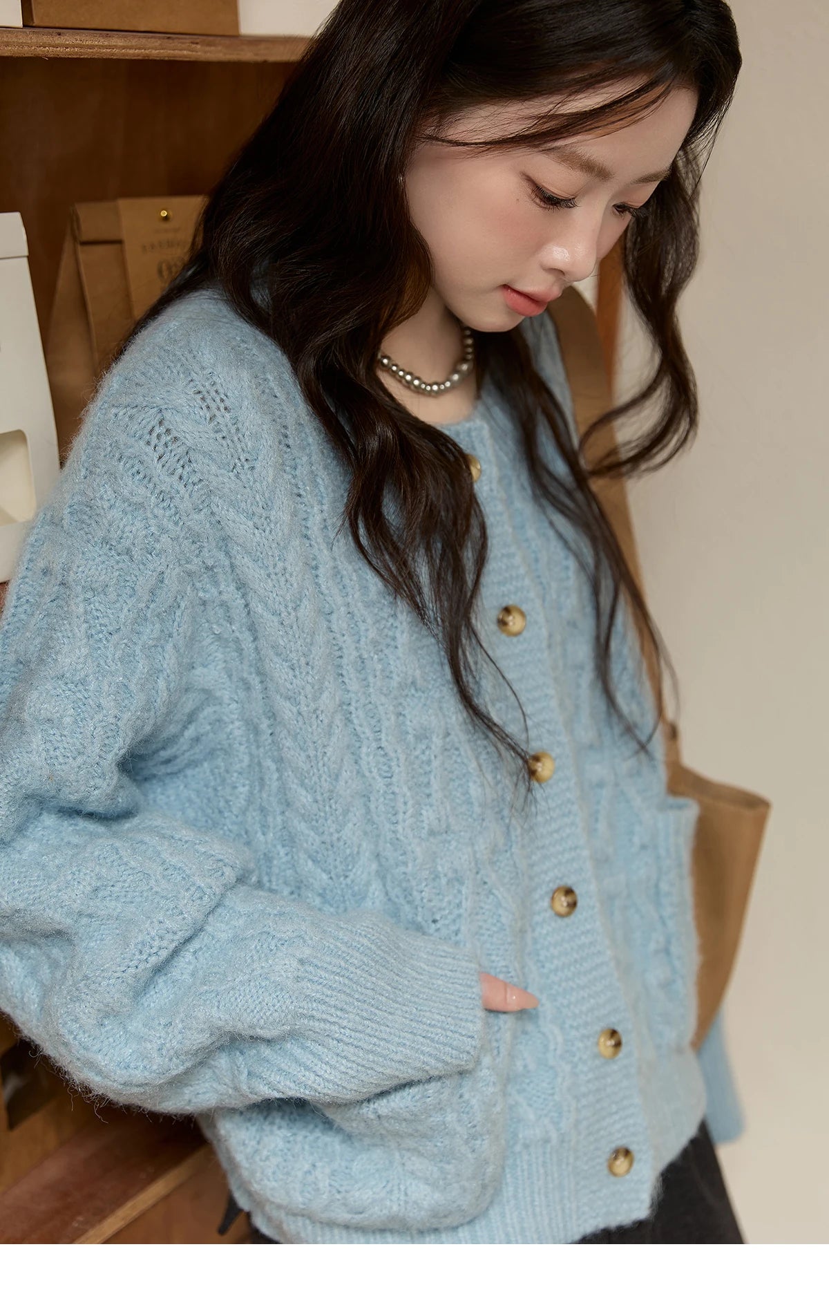 Mishow Light Blue Retro Crew Neck Pocket Cardigan MXE49Z2614