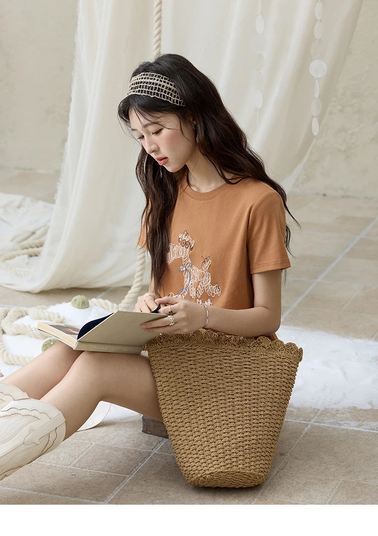 Mishow Cartoon Print Loose Embroidery Tee MXE31T0550