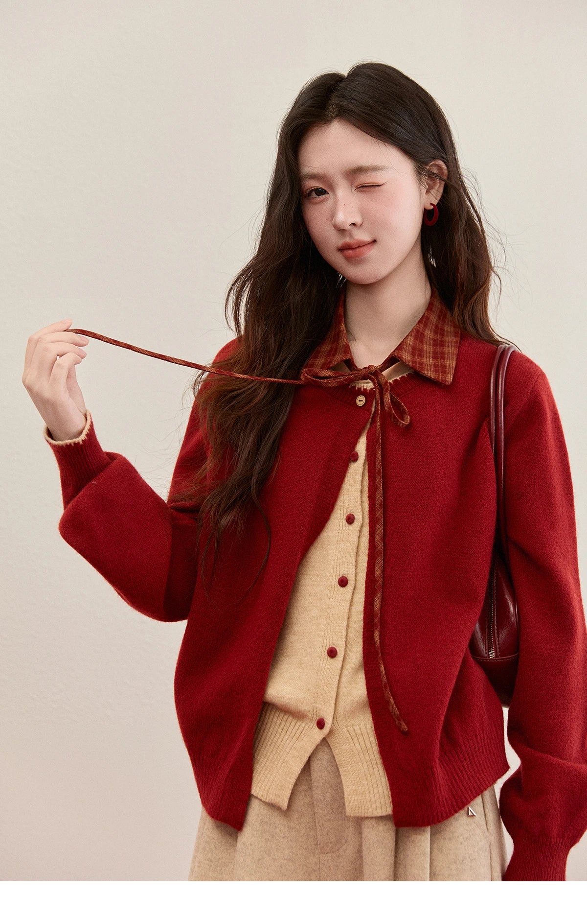Mishow Color Block Fake Two-Piece Removable Collar Cardigan MXE93Z2816