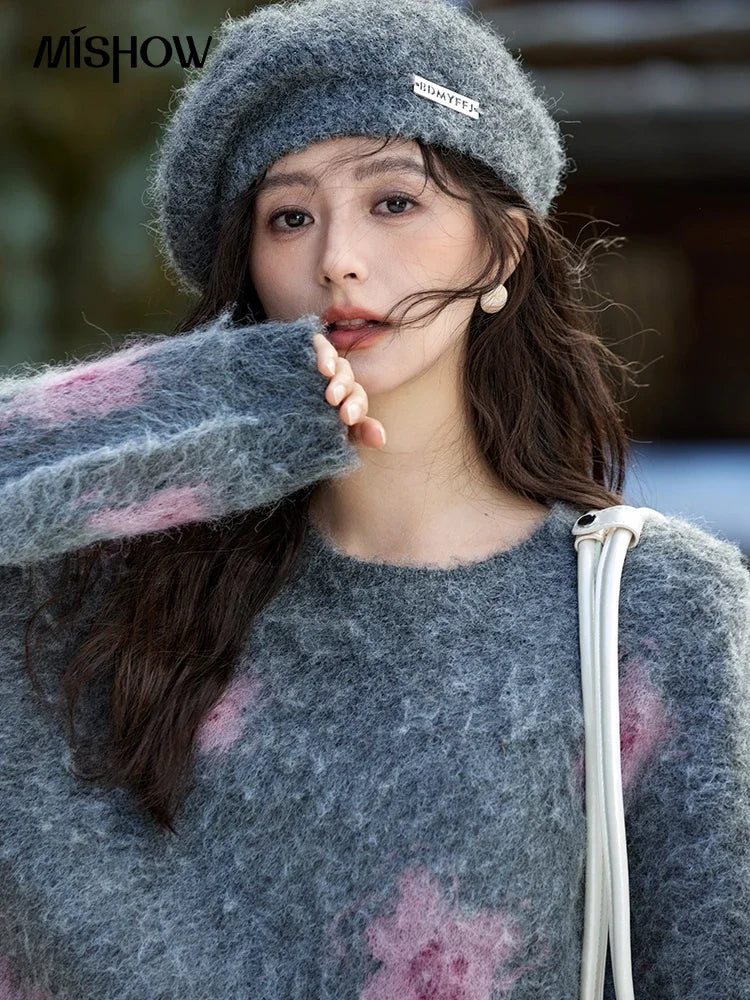 Mishow Wool Yarn Plush Fur Flower O-Neck Pullover MXD56Z1001