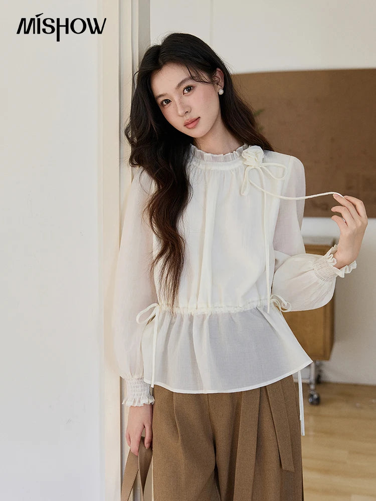 MISHOW Ruffled Stand Collar Blouse Drawstring Waist Puff Sleeve MXF11C2428