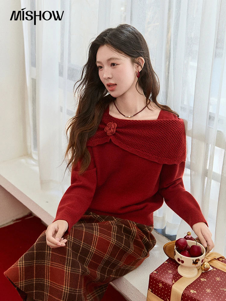 Mishow Christmas Red 3D Flower Alpaca Sweater MXE94Z2889