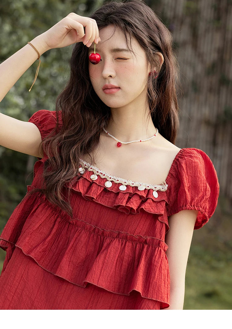 MISHOW French Square Collar Blouse Cake Ribbon Short Sleeve MXE33X1763