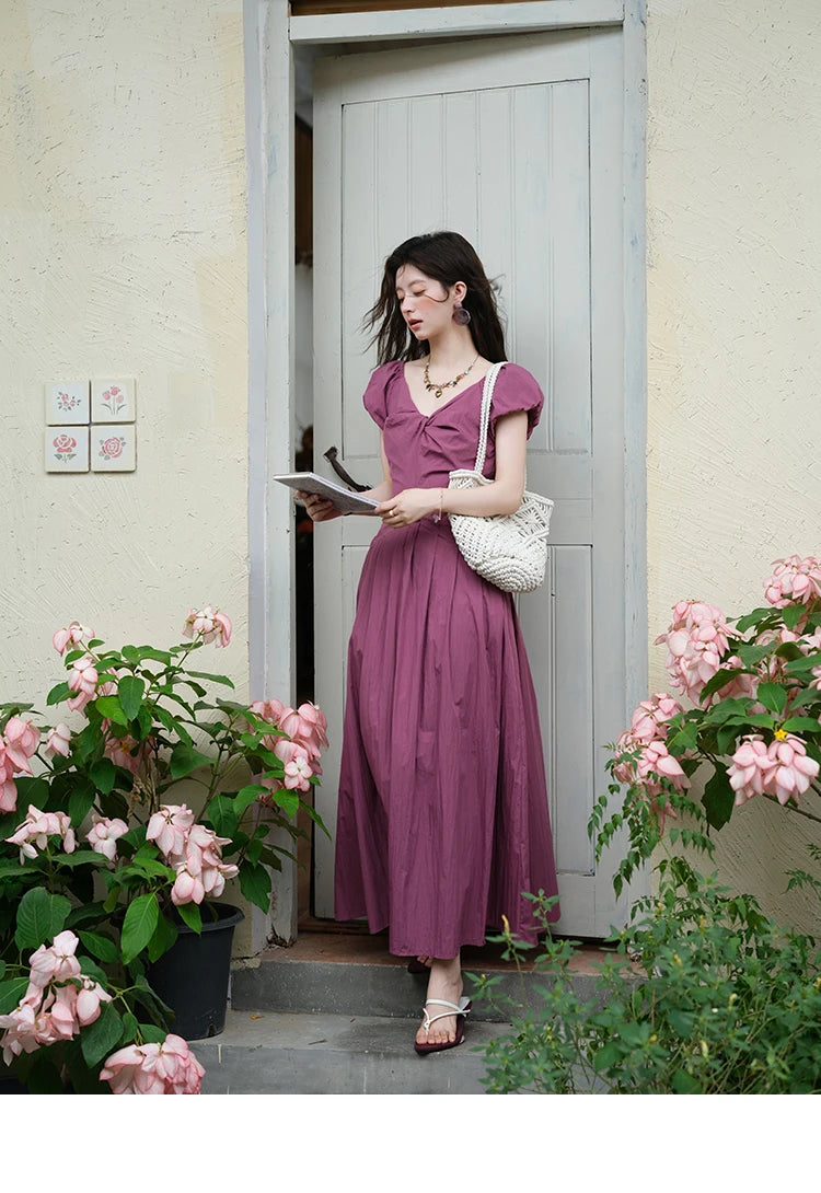 Mishow V-Neck Puff Sleeve Solid Vacation Dress MXE39L2384