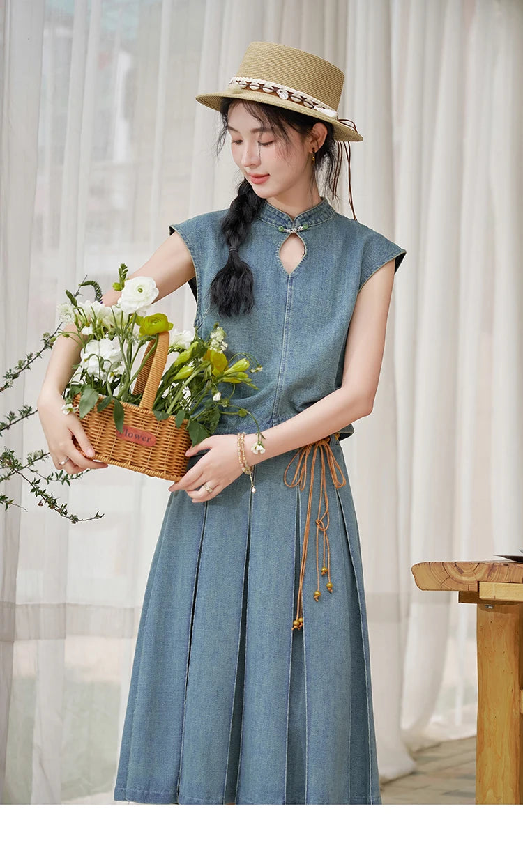 Mishow Chinese Stand Collar Vest & Pleated Denim Skirt Set MXD21X1465