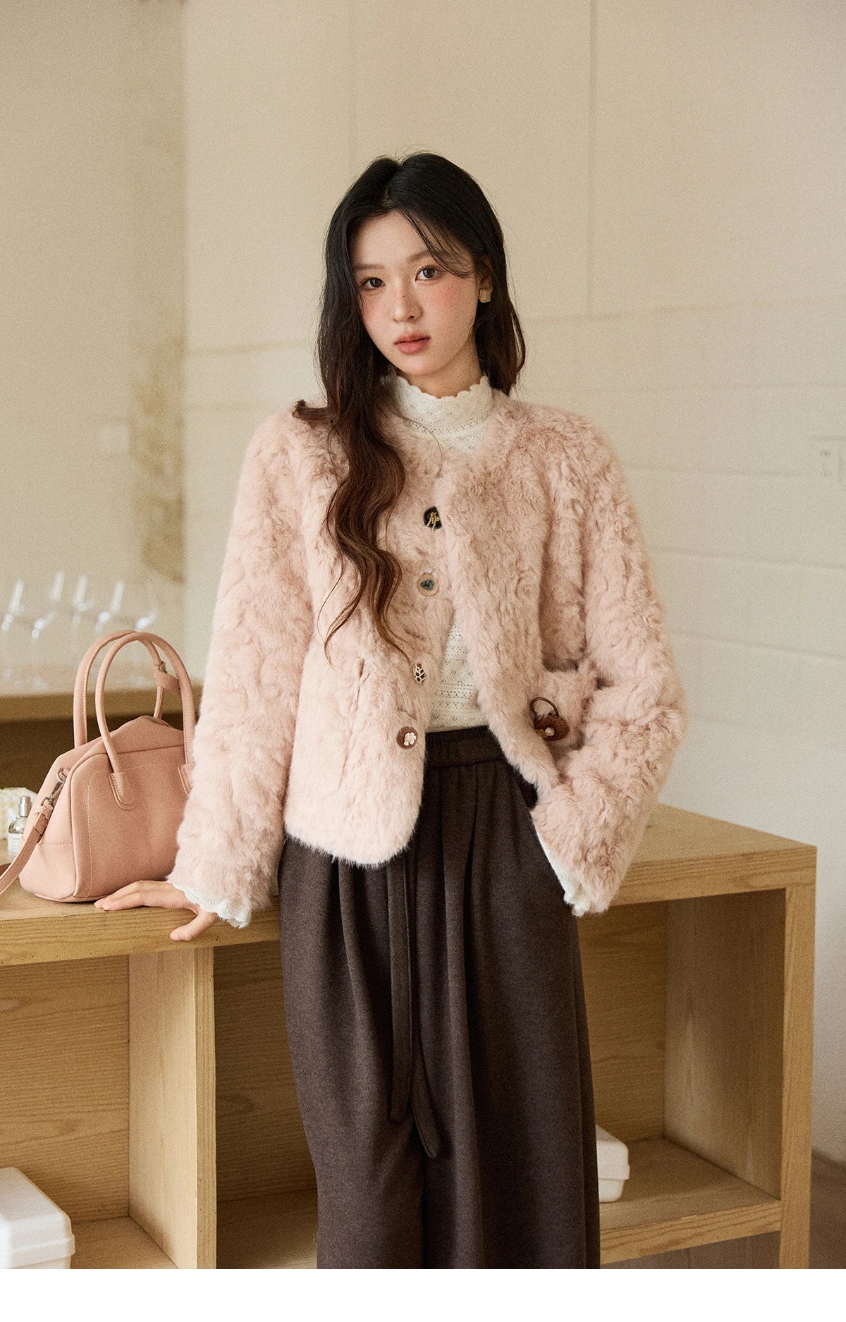 Mishow Sweet Pink Faux Rabbit Fur Coat MXE87W0990