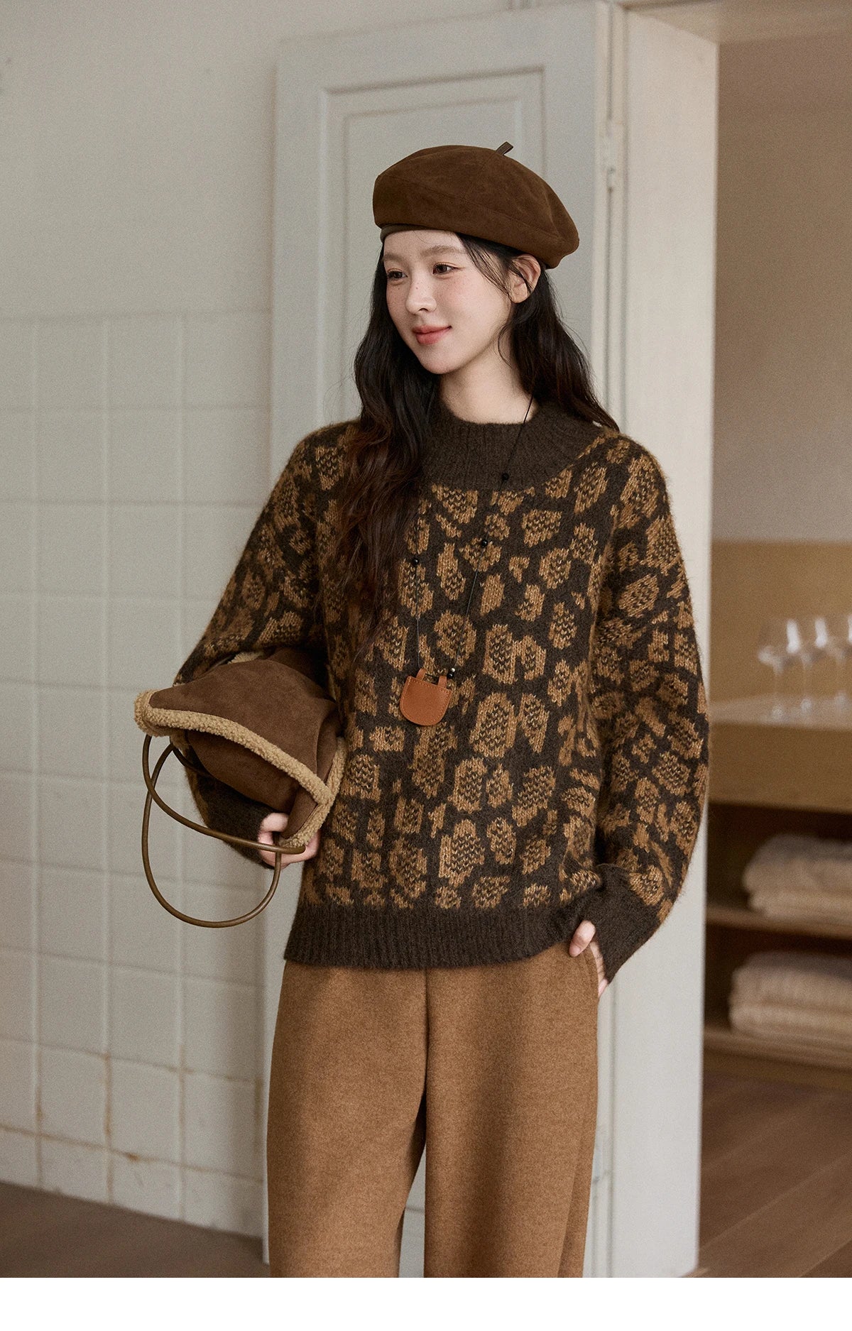 Mishow Color Block Leopard Jacquard Half Turtleneck Sweater MXE91Z2839